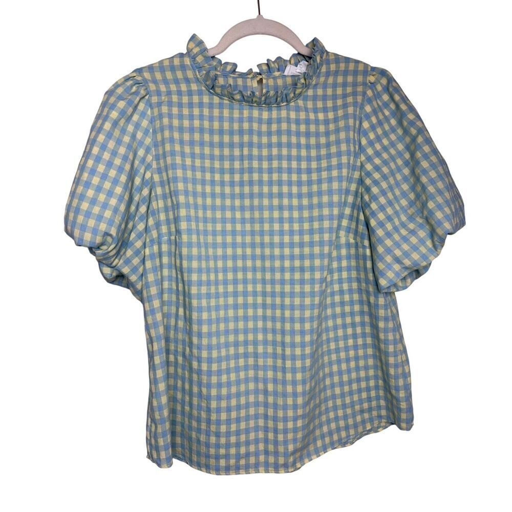 Anniewear Yellow Blue Gingham Puff Sleeve Top Sz. L - Picture 3 of 8
